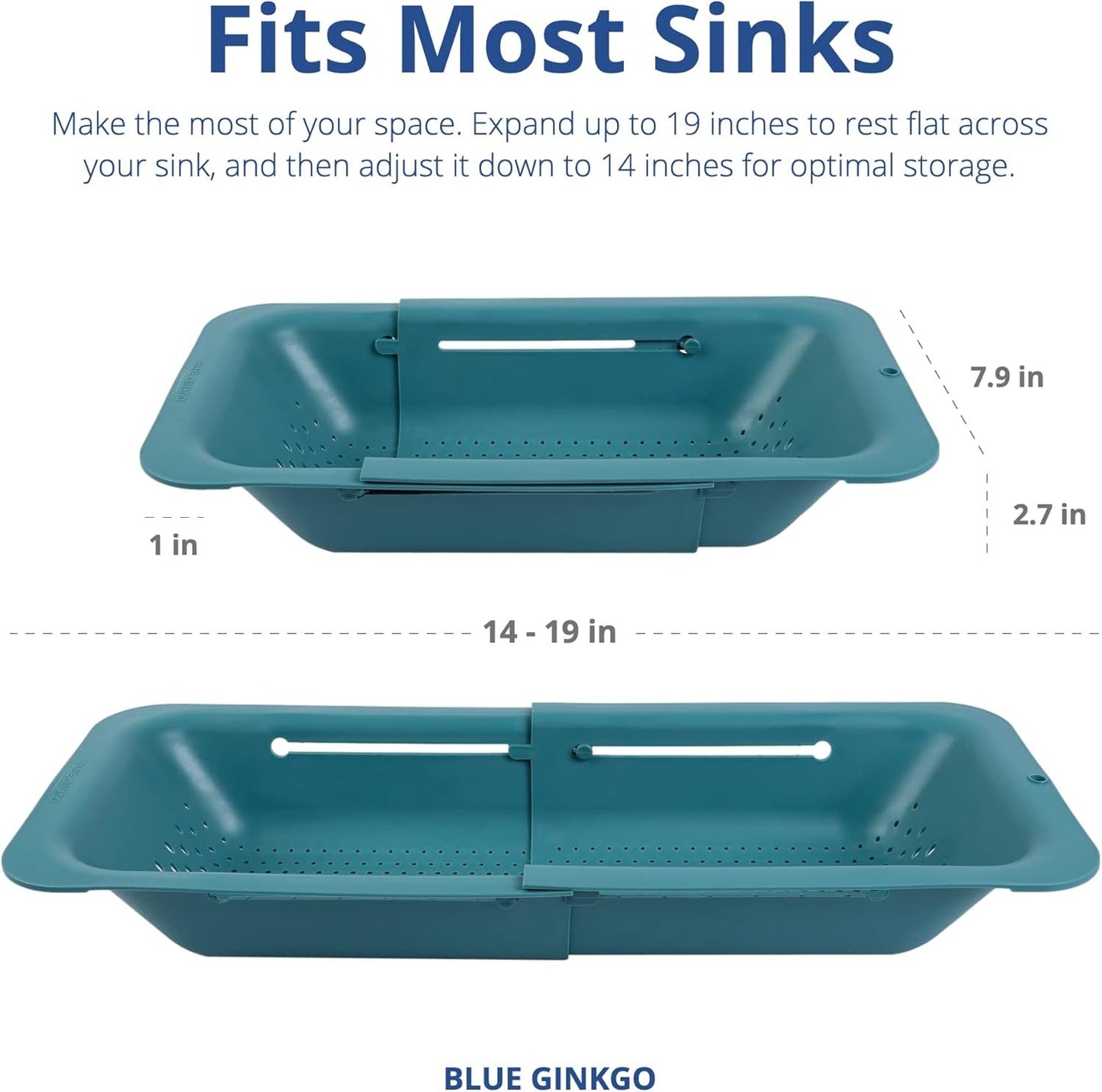 BLUE GINKGO Over The Sink Colander Strainer Basket - Wash Vegetables and Fruits, Drain Cooked Pasta and Dry Dishes - Extendable - New Home Kitchen Essentials (20 W x 36.8-49.5 L x 6.9 H cm) - Teal