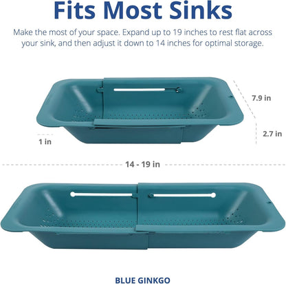 BLUE GINKGO Over The Sink Colander Strainer Basket - Wash Vegetables and Fruits, Drain Cooked Pasta and Dry Dishes - Extendable - New Home Kitchen Essentials (20 W x 36.8-49.5 L x 6.9 H cm) - Teal