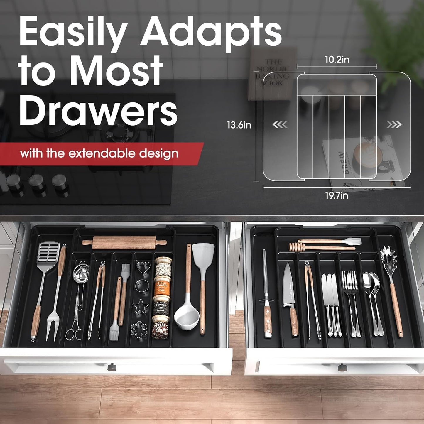AUJEN Cutlery Organizer - Expandable Utensil Drawer Organizer, Adjustable Cutlery Tray Organizer, Multipurpose Silverware Kitchen Drawer Organizerr for Forks, Knives, Black, 13.6 x 1.7 x 10.2~19.7inch