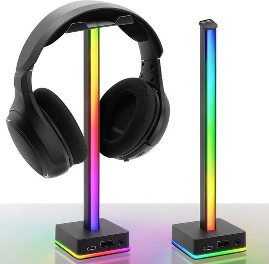 EZDIY-FAB USB LED Light Bar Headphones Stand, Desktop Atmosphere RGB Backlight,50 Built-in Color Modes, Headphone Holder for Gamers Gaming PC Accessories Desk- Black