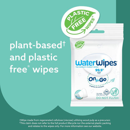 WaterWipes On The Go Wipes, 99.9% Water-Based Wipes for Travel, Sports, and to Refresh Skin, Unscented & Hypoallergenic, 100 Count (10 Packs)