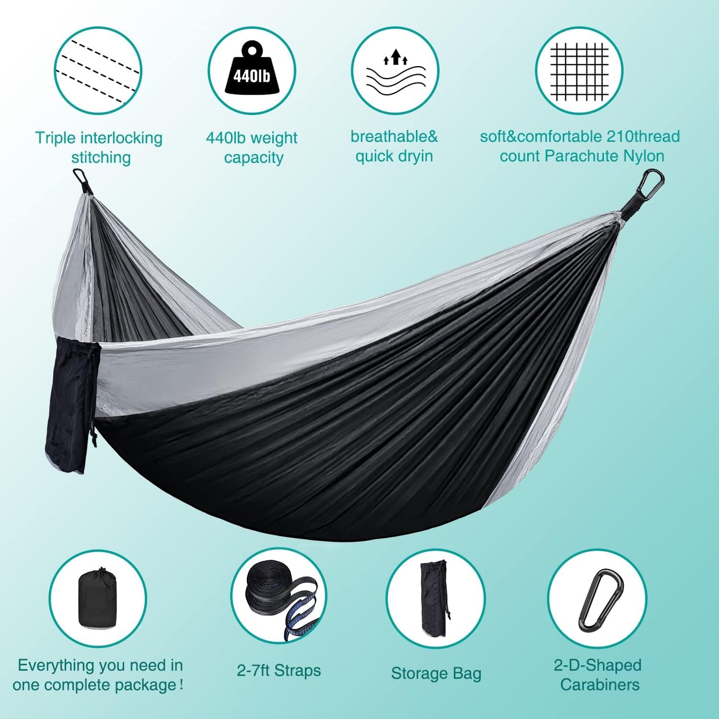 ERUW CozyHoliv Camping Hammock, Single Portable Parachute Hammocks for Outdoor Hiking Travel Backpacking - 210D Nylon Hammock Swing for Backyard & Garden 55''W108''L (Black/Grey - Single)
