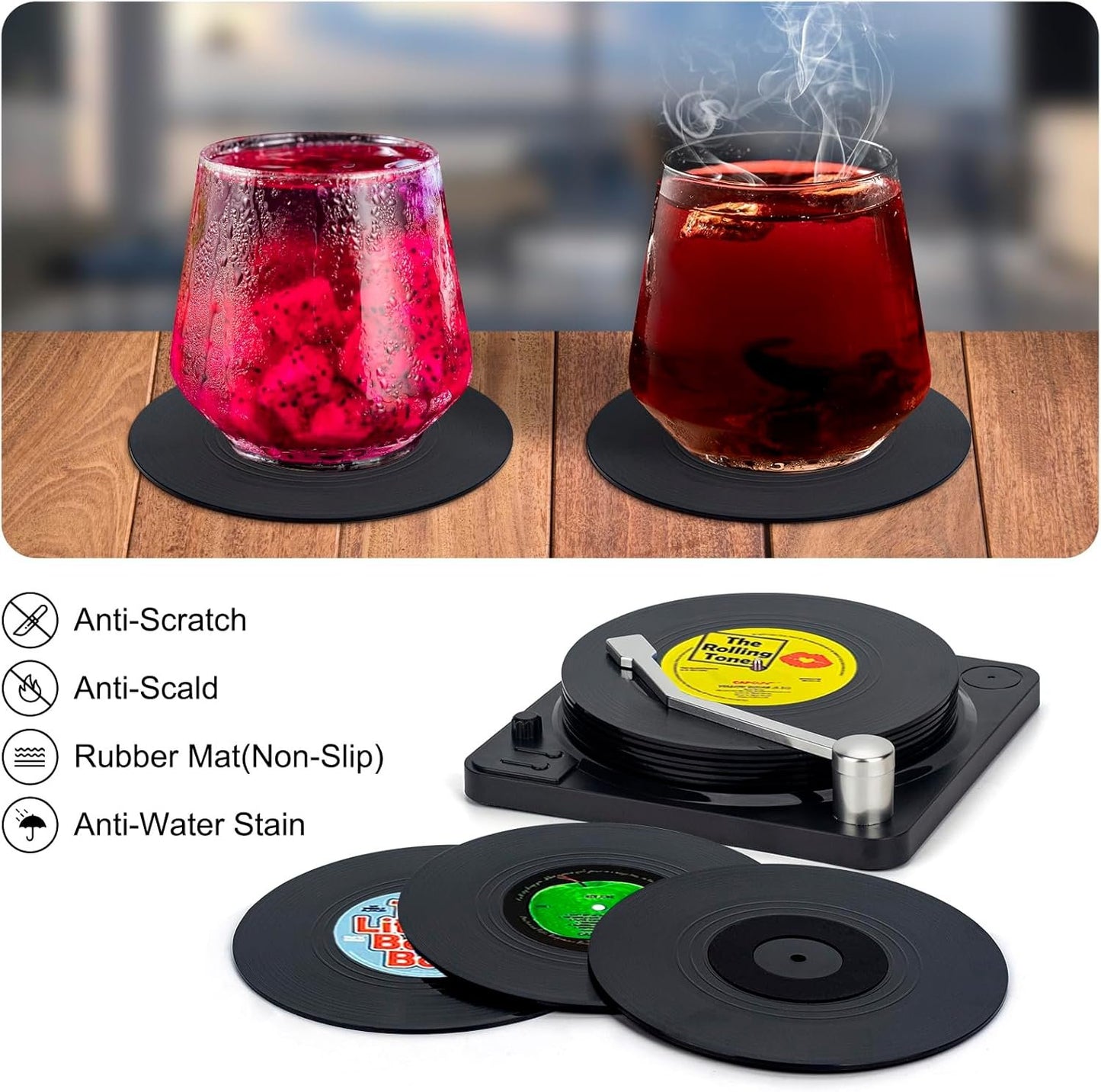 Valdivia Vinyl Record Coasters for Drinks with Records Player, Retro Album Coasters Set of 6, Funny Coasters and Cool Home Decor for Housewarming Gifts, Music Lovers Gifts, Wedding Registry Gift Ideas