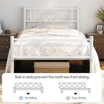 Yaheetech Classic Metal Platform Bed Frame with Headboard and Footboard Flower Design Mattress Foundation for Adults Easy Set Up Structure Twin Size White