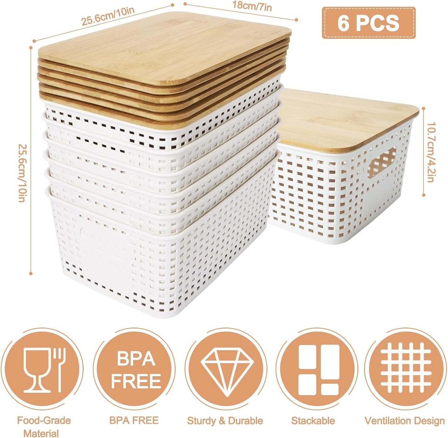 UHAPEER 6 PCS Storage Bins with Bamboo Lids Plastic Baskets Plastic Storage Containers for Organizing Stackable Storage Box with Handle for Shelves Drawers Desktop Closet Classroom Officeï¼ˆWhiteï¼‰