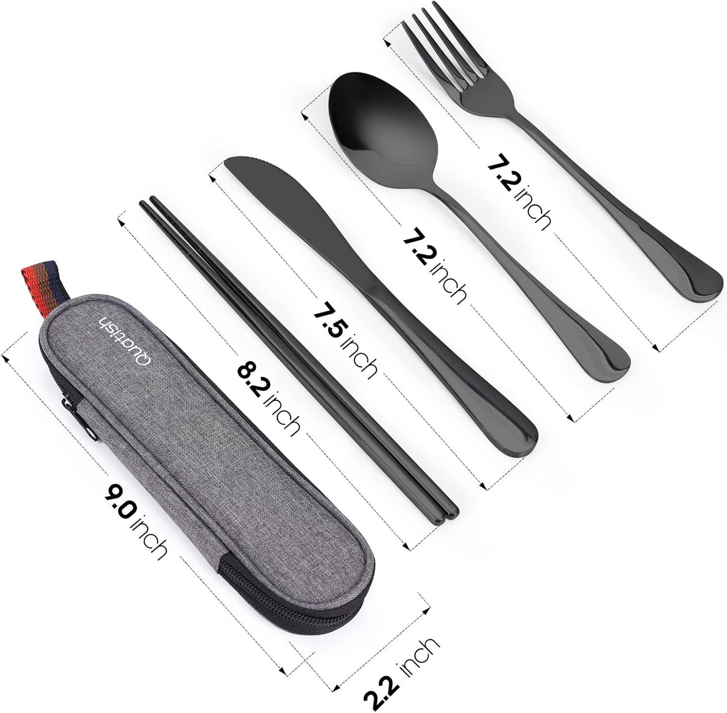 Travel Utensils with Case, Quatish Portable Utensil Set for Work, Stainless Steel Reusable Travel Cutlery Set, Spoon and Fork Set for Camping, Picnic, Gadgets, Men Lunch Box, Camping Essentials, Black