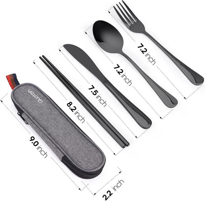 Travel Utensils with Case, Quatish Portable Utensil Set for Work, Stainless Steel Reusable Travel Cutlery Set, Spoon and Fork Set for Camping, Picnic, Gadgets, Men Lunch Box, Camping Essentials, Black