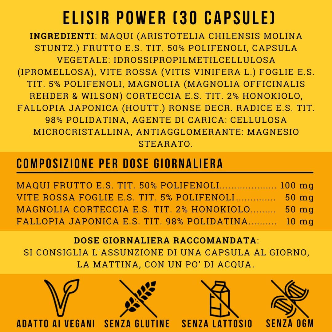 Anti-Age Antioxidant Supplement with Powerful and Natural Polyphenols | Skin Beauty and Longevity | Against Free Radicals and Wrinkles | With Maqui, Red Vine, Magnolia and Polygon | Elixir Power