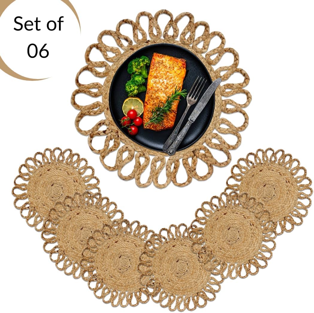 Jute Hand Braided Placemats Set of 6 | 14 Inches Artistic Round Tablemats for Kitchen Dining Table Top Sustainable Rug Mats & Dinner Table Plate Pads Mates Rustic Natural Fiber Vintage Natural Beige