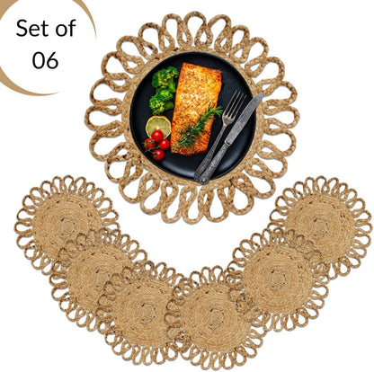Jute Hand Braided Placemats Set of 6 | 14 Inches Artistic Round Tablemats for Kitchen Dining Table Top Sustainable Rug Mats & Dinner Table Plate Pads Mates Rustic Natural Fiber Vintage Natural Beige