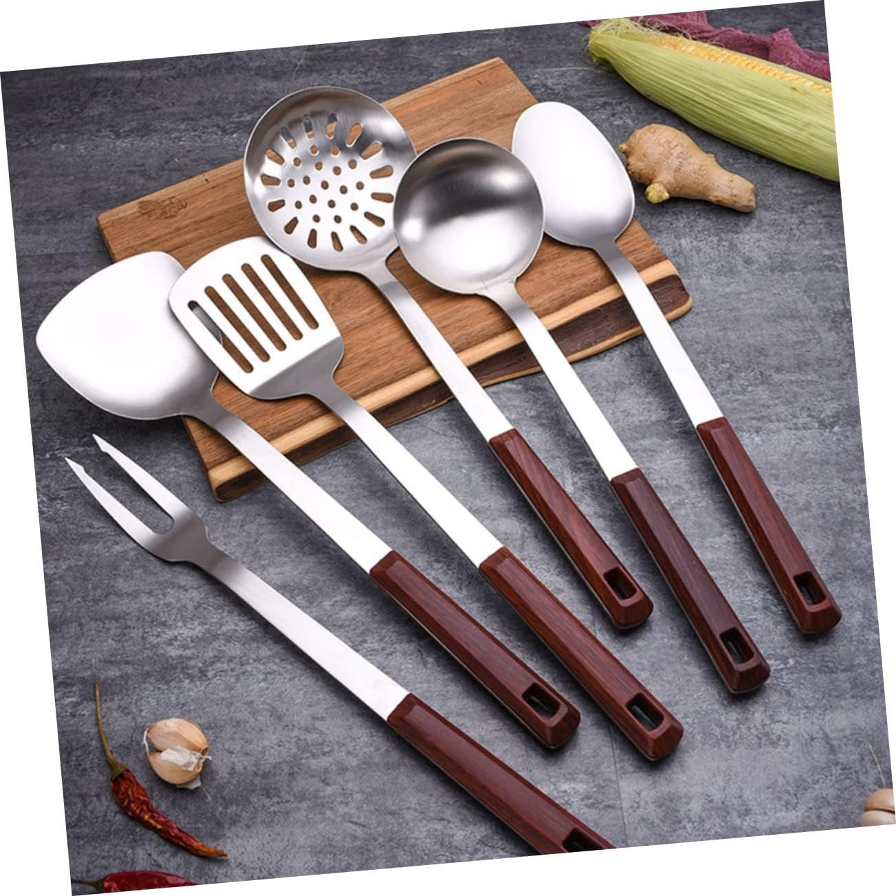 LIFKOME 1 Set 7 Pezzi Set Da Cucina Pezzi Gadget e Utensili Da Cucina Cucchiai Da Minestra Cinesi Pentole Antiaderenti Spatola Wok Pinze Metalliche Acciaio Inossidabile Anti-aderente