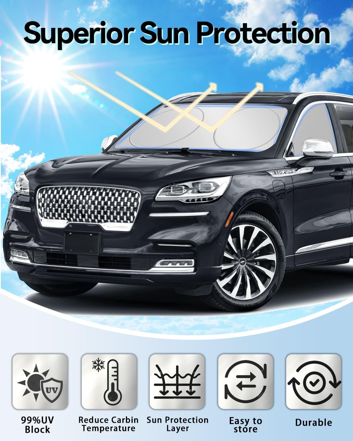 Car Windshield Sun Shade- Motomate Durable Reflective Material, Block Heat and Sun, Foldable Car Sun Shade, Car Interior Accessories,Car Shade Front Windshield to Block Harmful UV Rays, with a Pouch