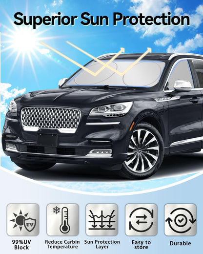 Car Windshield Sun Shade- Motomate Durable Reflective Material, Block Heat and Sun, Foldable Car Sun Shade, Car Interior Accessories,Car Shade Front Windshield to Block Harmful UV Rays, with a Pouch