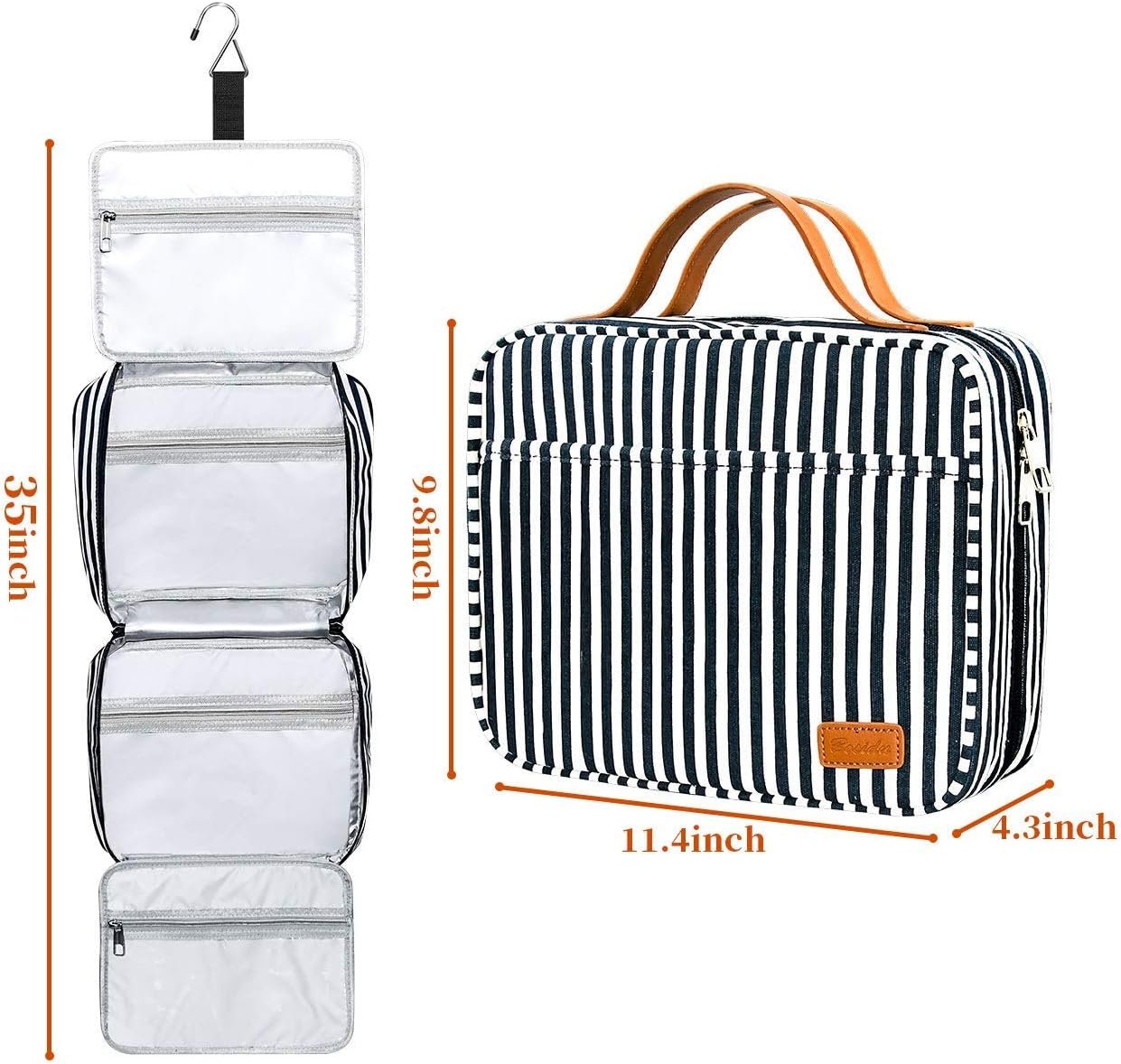 Bosidu Hanging Toiletry Bag for Women, Large Capacity Waterproof Travel Toiletry Bag with 4 Compartments & 1 Sturdy Hook, Ideal for Travel or Daily Use (Navy Blue & White Striped)