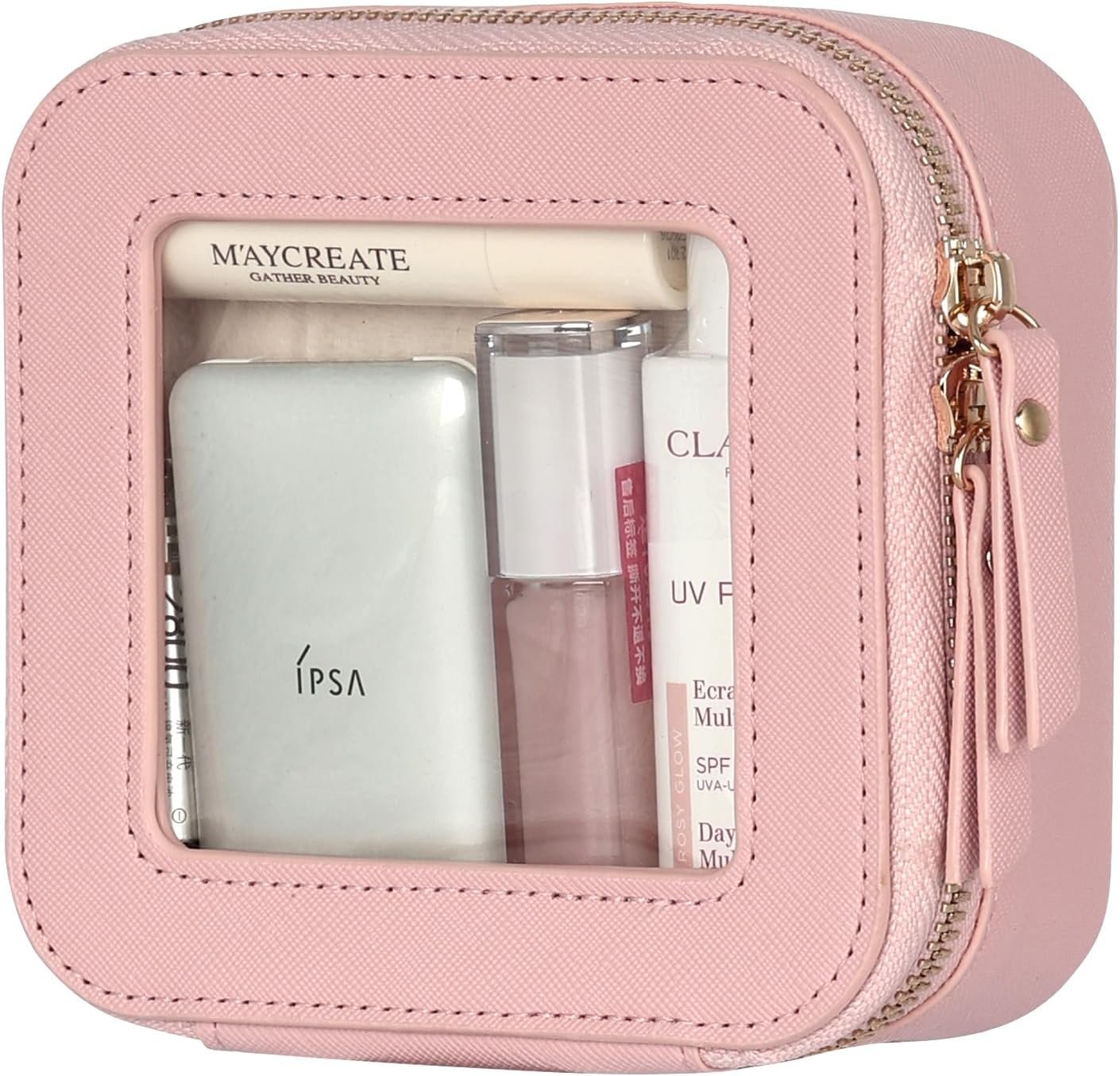 Small Clear Travel Toiletry Bag, Mini Clear Makeup Bag Toiletries Bag Small Makeup Bag with Gold Zipper for Car Essentials (Pink)