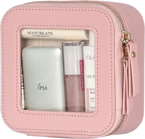 Small Clear Travel Toiletry Bag, Mini Clear Makeup Bag Toiletries Bag Small Makeup Bag with Gold Zipper for Car Essentials (Pink)