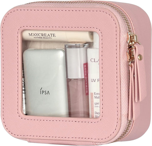 Small Clear Travel Toiletry Bag, Mini Clear Makeup Bag Toiletries Bag Small Makeup Bag with Gold Zipper for Car Essentials (Pink)