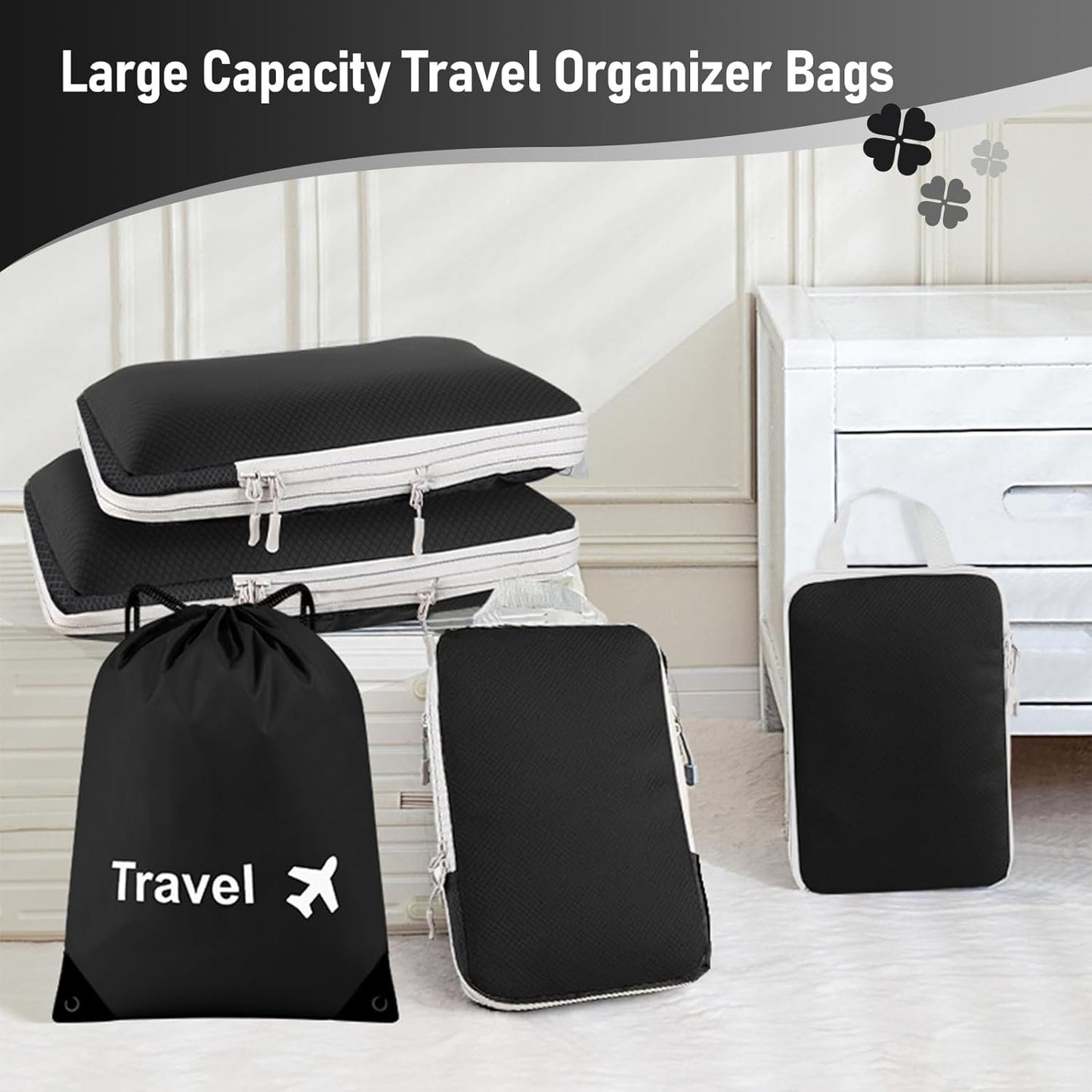 Compression Packing Cubes 5 Set Travel Luggage Packing Organizer Bag Expandable Travel Organizer Cubes For Carry On Luggage Suitcase Compressible Travel Essentials Accessories for Women Men Black