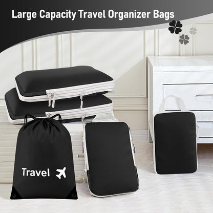 Compression Packing Cubes 5 Set Travel Luggage Packing Organizer Bag Expandable Travel Organizer Cubes For Carry On Luggage Suitcase Compressible Travel Essentials Accessories for Women Men Black