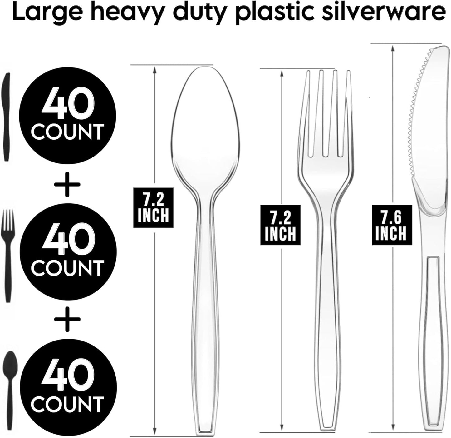 Extra Large 6.4-Inch 120 Count Heavy Duty Clear Plastic Silverware, 40 Forks, 40 Spoons, 40 Knives, Heat Resistant, Plastic Cutlery Set, Disposable Silverware, Spoon Fork Knife, Plastic Utensils Set