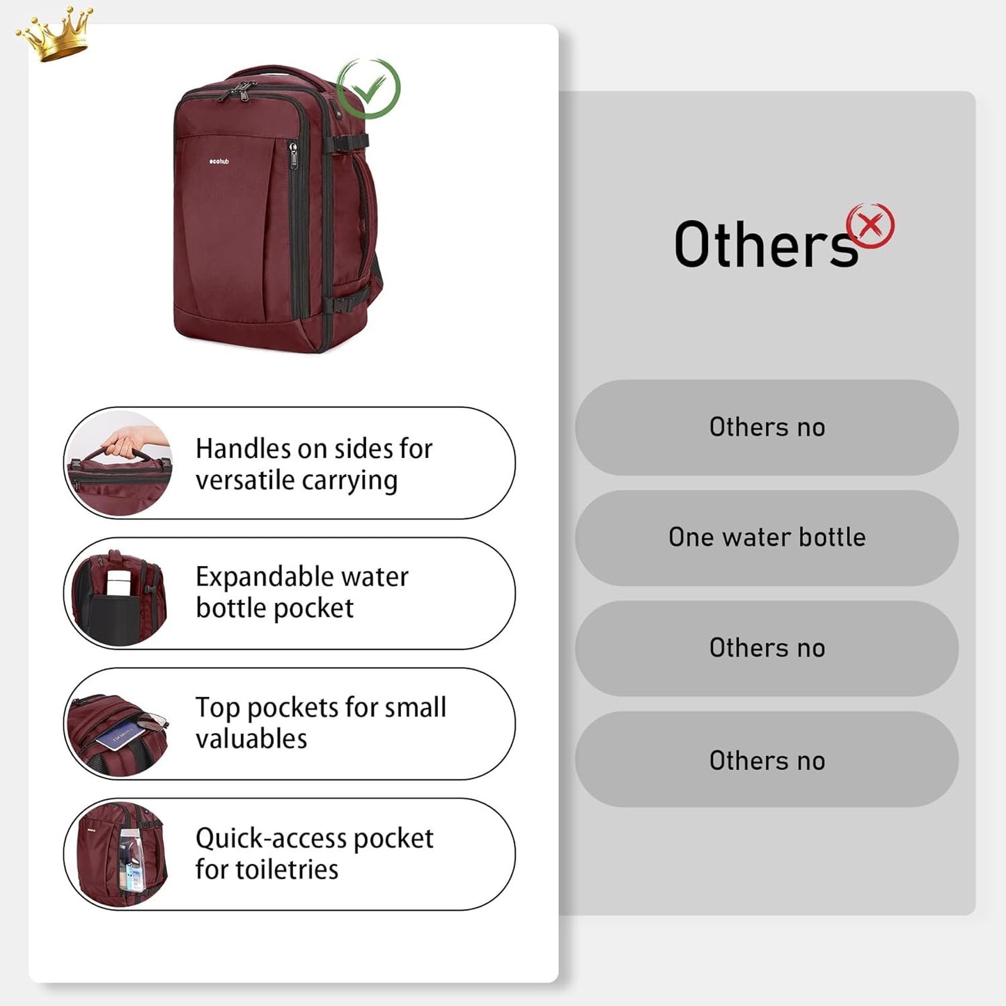 ECOHUB 16'' Travel Backpack Underseat Carry on Backpack Personal Item Travel Bag Airplane with 13 Pockets Carry on Luggage Water Bottle Holder USB Charging Port Casual Daypack for Women Men Red
