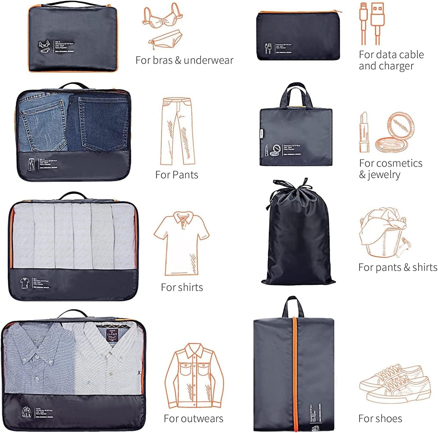 DIMJ Travel Suitcase Organizer, Travel Set Useful Accessories Organizer for Suitcases Travel Kit, Dark Black-(Classic)