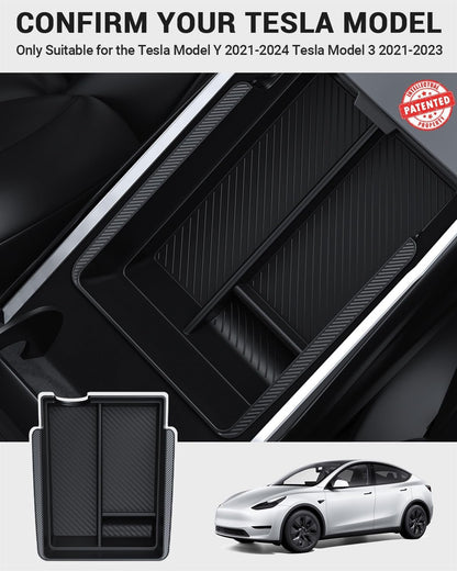 BASENOR 3PCS Tesla Model Y Center Console Organizer [Carbon Fiber Edition] Armrest Hidden Storage Box, Custom for Model Y 2021-2024 Tesla Model 3 2021-2023, Tesla Interior Accessories