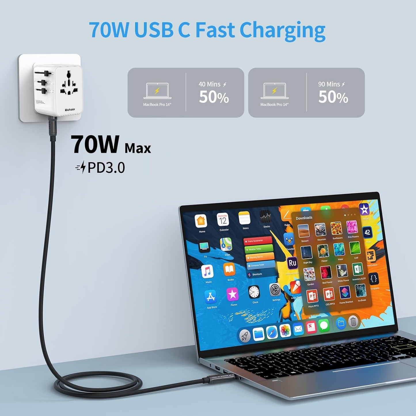 Hichain Universal Travel Socket 70W PD Fast Charging Travel Adapter 2 USB-A Ports 2 USB-C Ports International Travel Plug All-in-one Wall Adapter for USA EU UK AUS