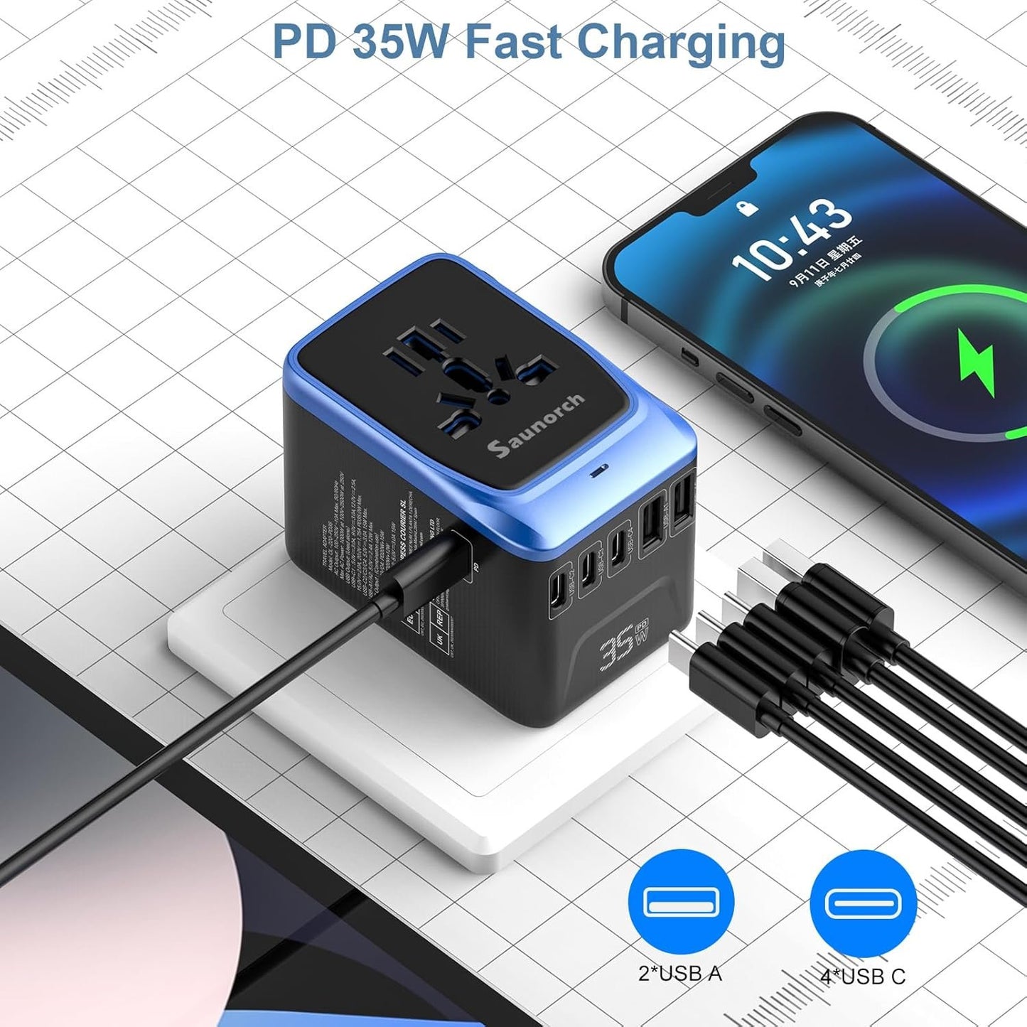 SAUNORCH Universal Travel Adapter, PD 35W 7 in 1 International Power Plug Adapter with 7.0A 4 USB-C and 2 USB-A Fast Wall Charger, Worldwide AC Outlet for US Europe UK AUS Asia