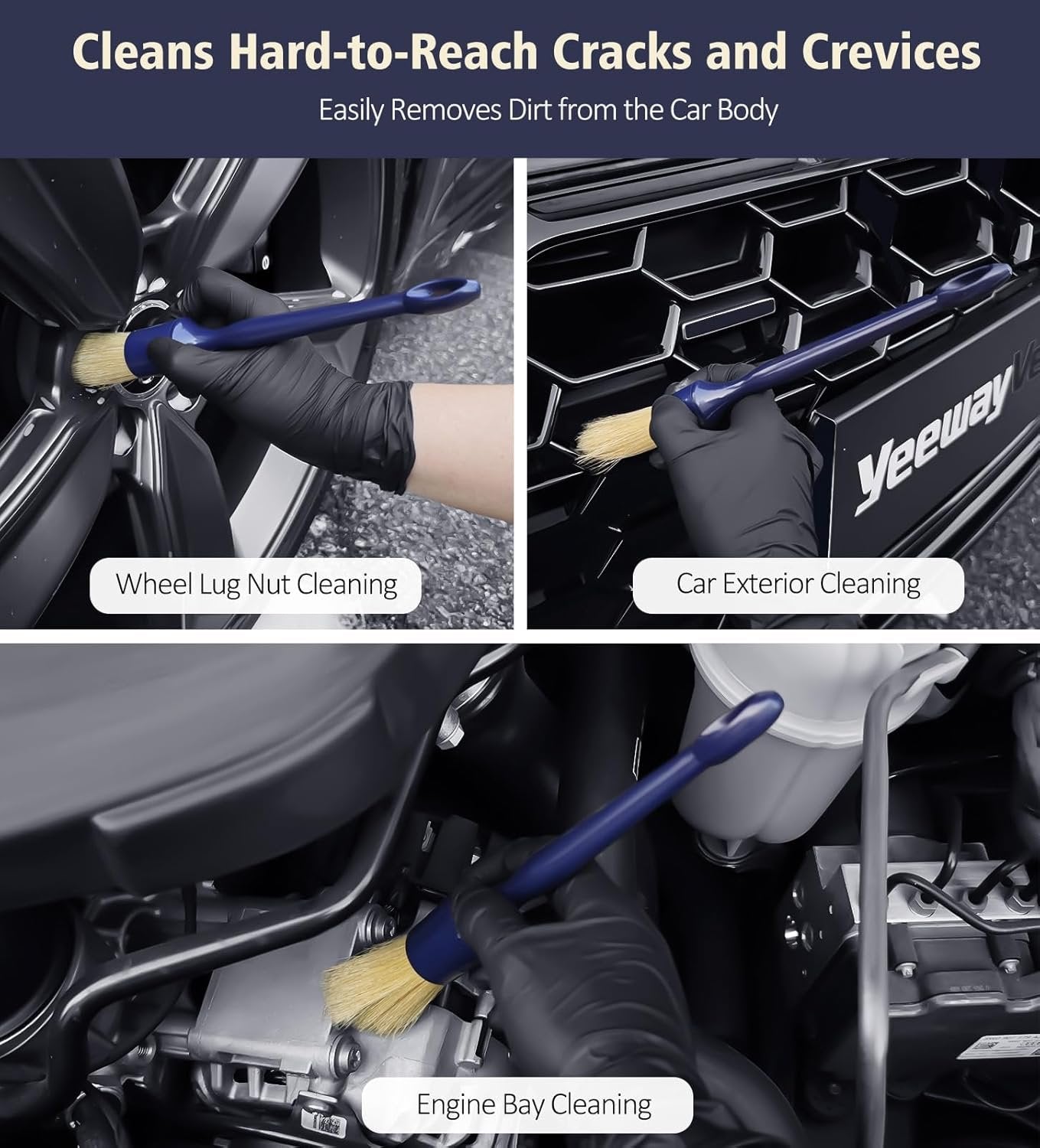 Car Detailing Brush Set, 3 Pack Ultra Soft Boars Hair Detailing Brushes for Leather Seat Air Vents Engine Bay, Auto Detail Brushes Car Detailing for Interior Exterior, Indigo