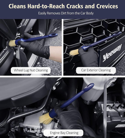 Car Detailing Brush Set, 3 Pack Ultra Soft Boars Hair Detailing Brushes for Leather Seat Air Vents Engine Bay, Auto Detail Brushes Car Detailing for Interior Exterior, Indigo