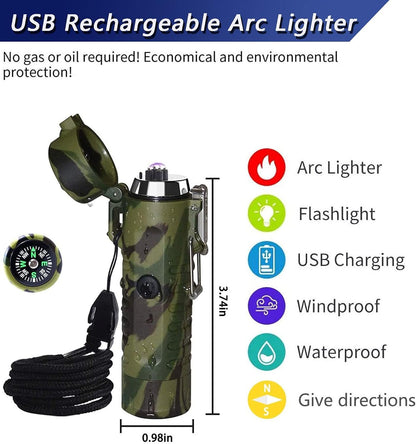 Electric Lighter (Rechargeable),3 in 1 Windproof Plasma Lighter with Tactical Flashlight & Compass,Portable Flameless Arc Lighters for Camping Hiking Outdoor Adventure Survival Tactical (Camouflage)
