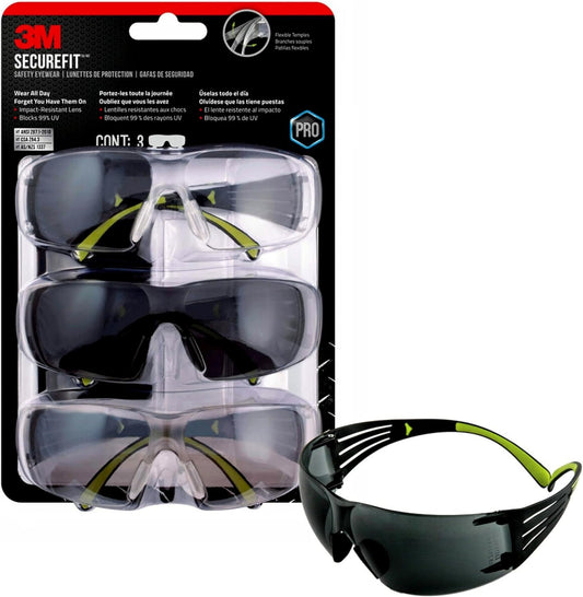 3M Pro SecureFit 400 Eye Protection Safety Glasses, Black Frame and 3 Lens Styles, Anti-fog, 3 Pairs - SF400-W-3PK-PS