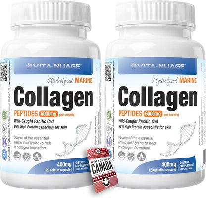 Vita-Nuage | Canada Brand | (2 PACK) Premium Marine Wild Fish Collagen 6000mg 90% High Protein Content 120 Count, 100% Pure Hydrolyzed Collagen