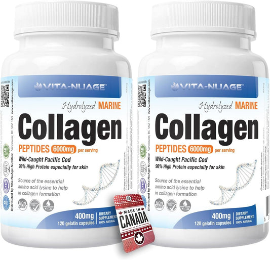 Vita-Nuage | Canada Brand | (2 PACK) Premium Marine Wild Fish Collagen 6000mg 90% High Protein Content 120 Count, 100% Pure Hydrolyzed Collagen