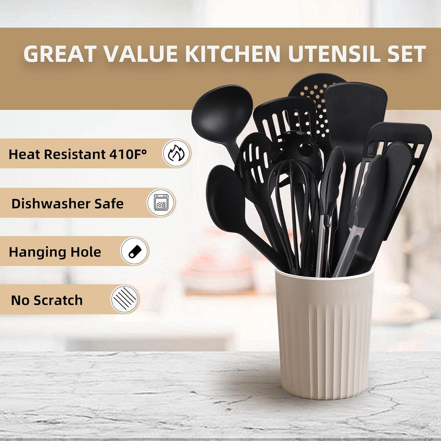 TJ POP Kitchen Utensils Set of 11 Pcs, Non-Stick Cooking Utensils Set 410°F Heat Resistant, BPA-Free Nylon Utensil Set, Kitchen Gadgets Accessories Tools for Cookware (Black)