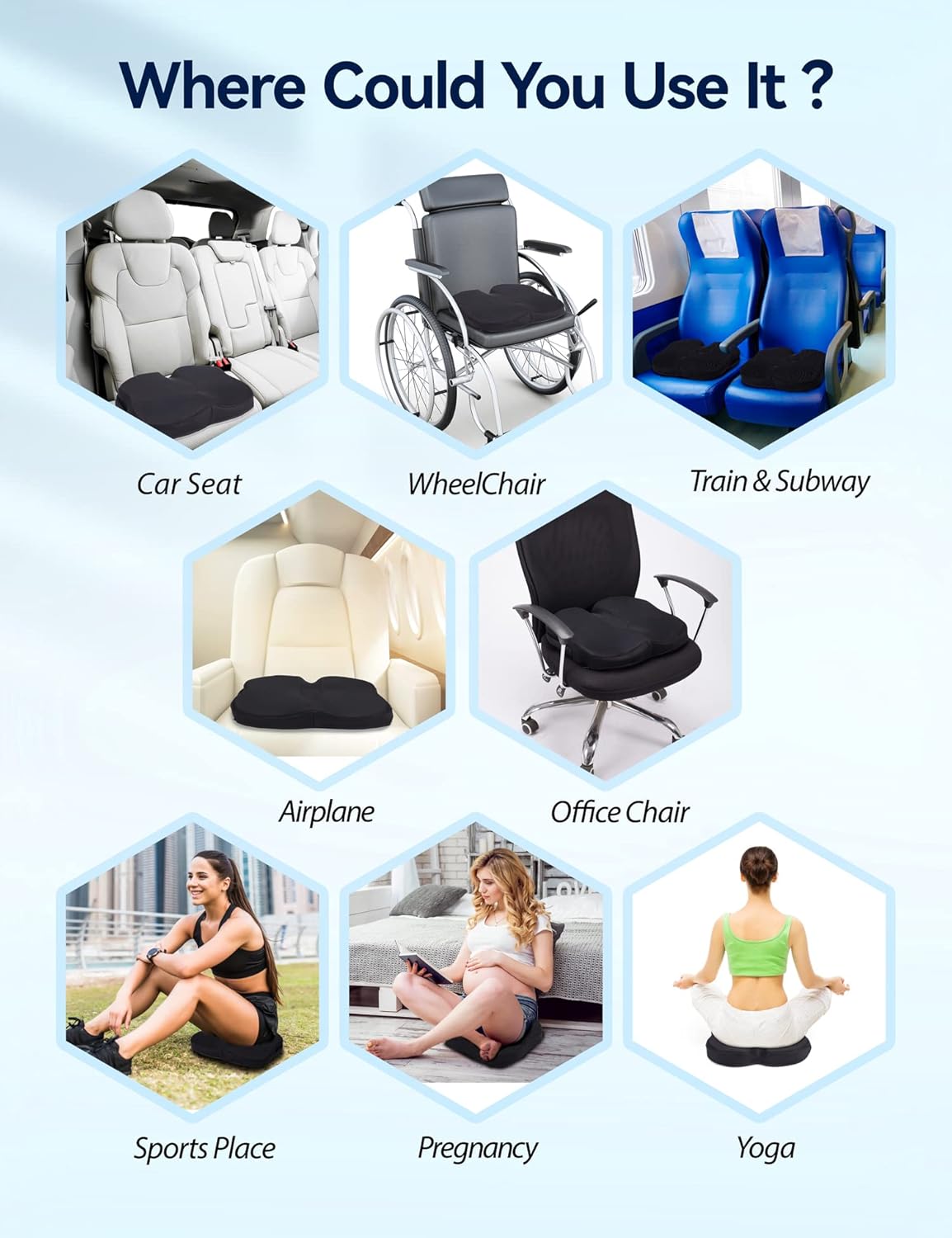 TRAVEL EASE Gel Memory Foam Seat Cushion, Butterfly-Shape Seat Cushion for Long Hours Sitting Comfort, Butt Support Pillow for Office Chair, Car Seat, Dining Chair (Ink Black)