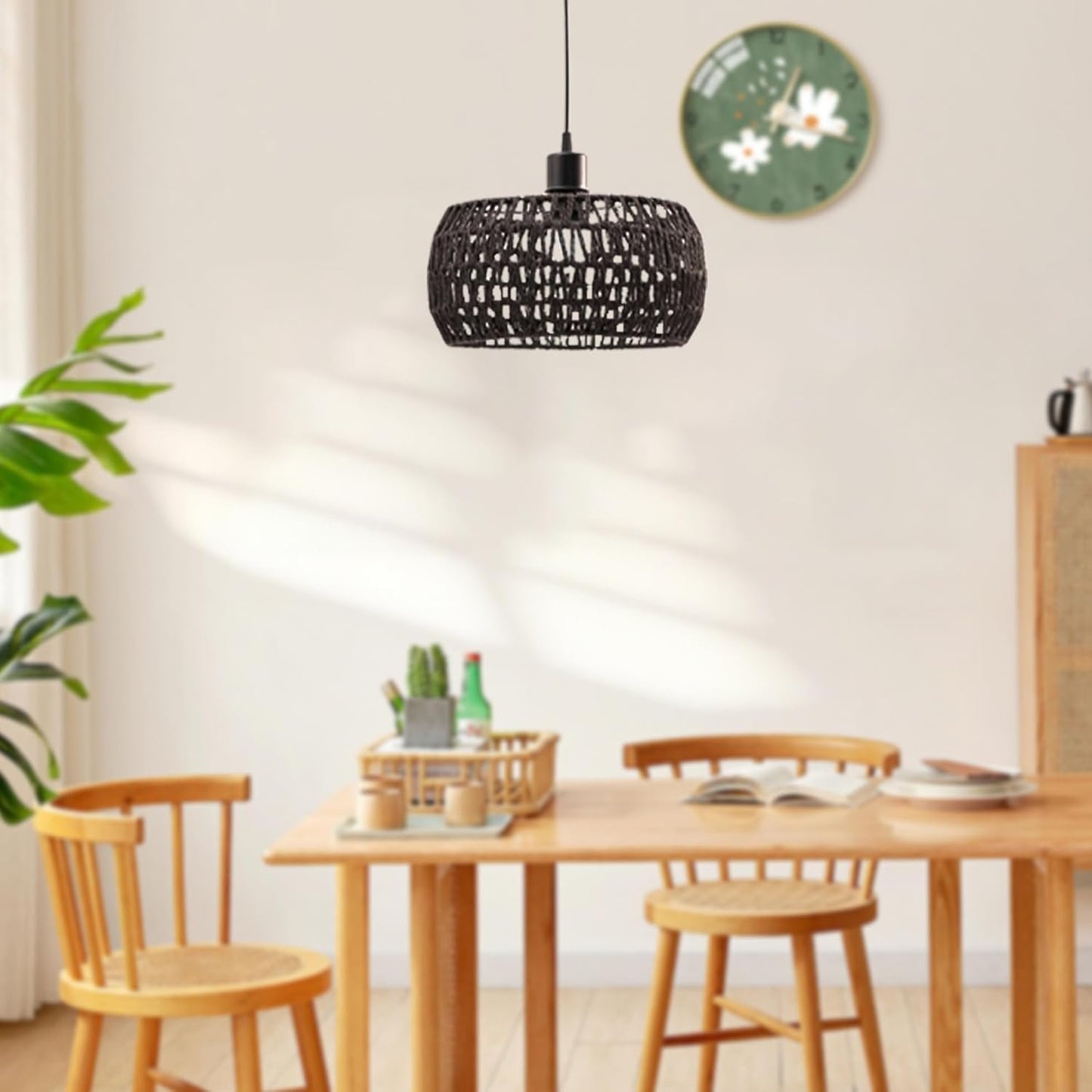 Rattan Pendant Light Shade, 12x6 Woven Pendant Light Shade, Elegant Rustic Round Hanging Lamp Shade for Dining Room Bedroom Kitchen Teahouse, Black,Hanging Lamp Shade