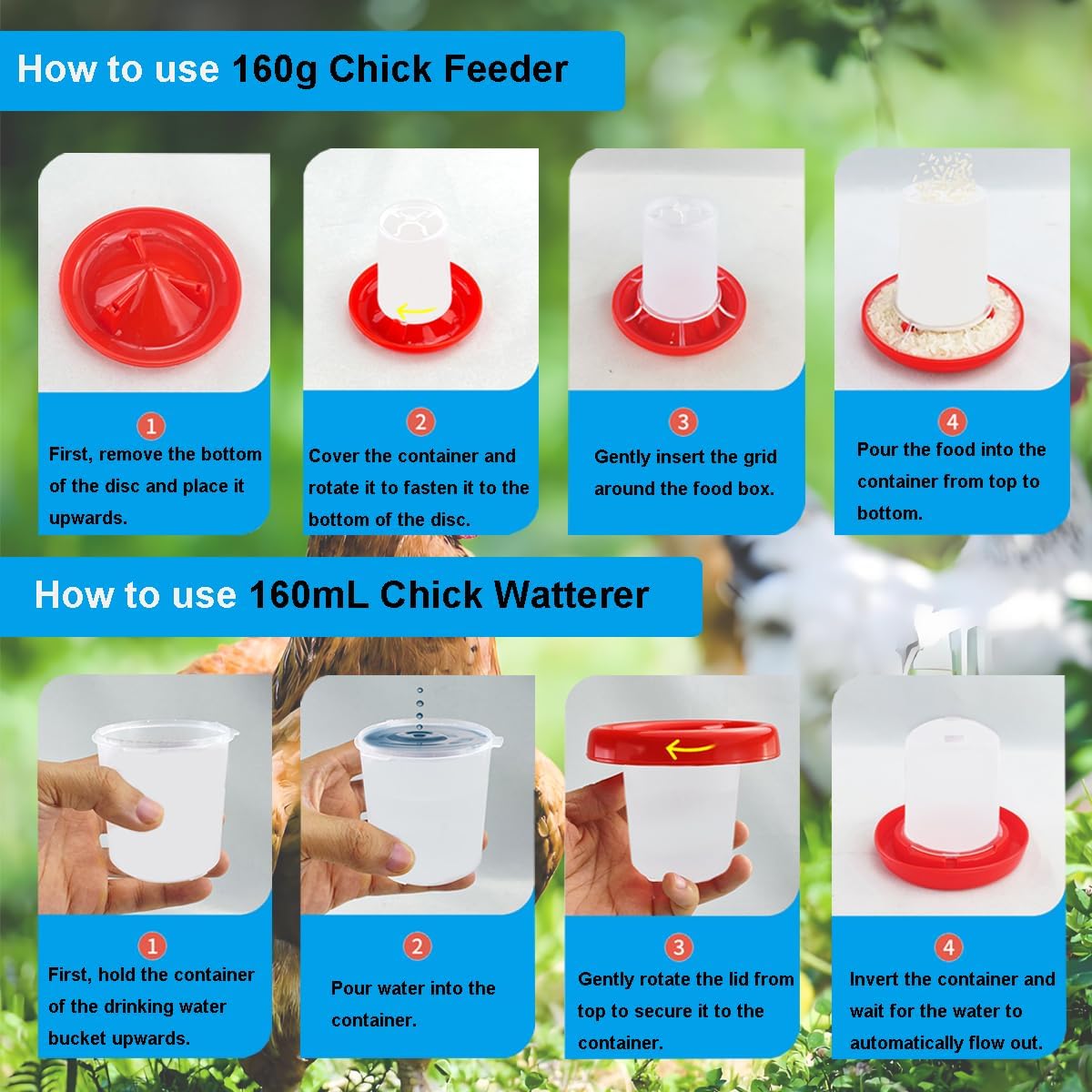 Hsenli Automatic Chicken Feeder and Chicken Waterer Kit,160g Chick Feeder and 160mL Chick Waterer,Chicken Water Dispenser,Chicken Drinker,Easy Clean Plastic Feeding and Watering Feeder for Chicks