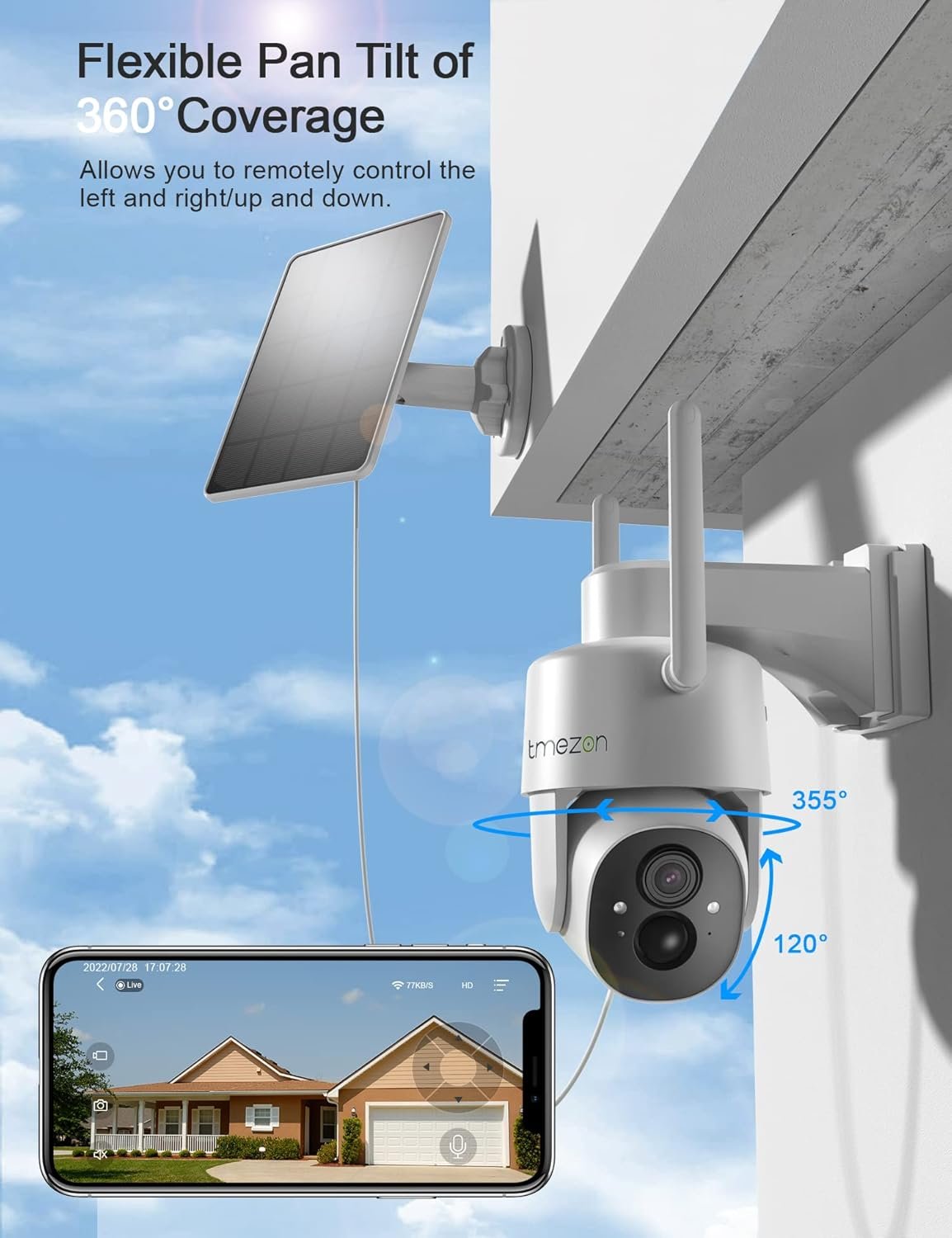 TMEZON 2 Pack Solar Powered Security Camera, Outdoor Wireless 360Â° PTZ Camera for Home Surveillance with 3MP Night Vision Pan Tilt Solar Powered Two-Way Audio Motion Detection 2.4Ghz WiFi IP65