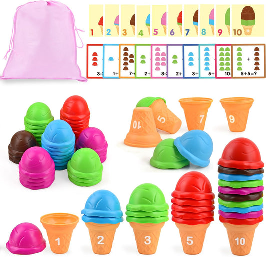 Sotodik Ice Cream Toy Counting and Color Sorting Set for Toddlers, Montessori Stacking Fine Motor Skills Toys, Preschool Learning Education Toys for Kids Boys Girls 3 4 5 6 7 Gift