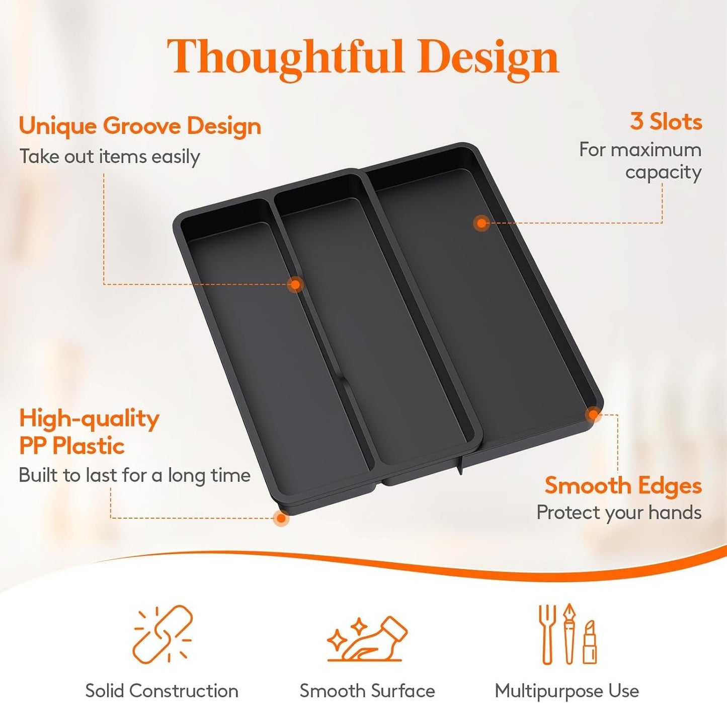 Lifewit Utensil Drawer Organizer, Expandable Cooking Silverware Tray for Kitchen Drawer, Adjustable Cutlery Flatware Holder, Plastic Spatula Tools and Gadgets Storage Divider, 3 Compartments, Black