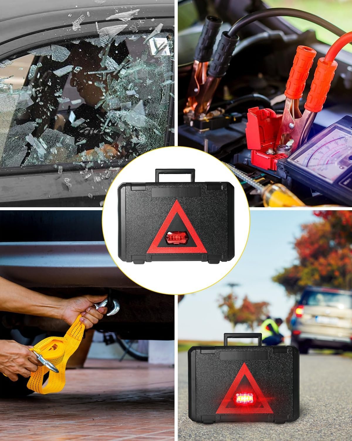 CAWWRT Car Emergency Kit, Roadside Emergency Car Kit with Warning Light Reflective Triangle, Jumper Cable, Tow Strap, Flashlight, First Aid Kit, Tire Pressure Gauge, Safety Hammer Car Tool Kit