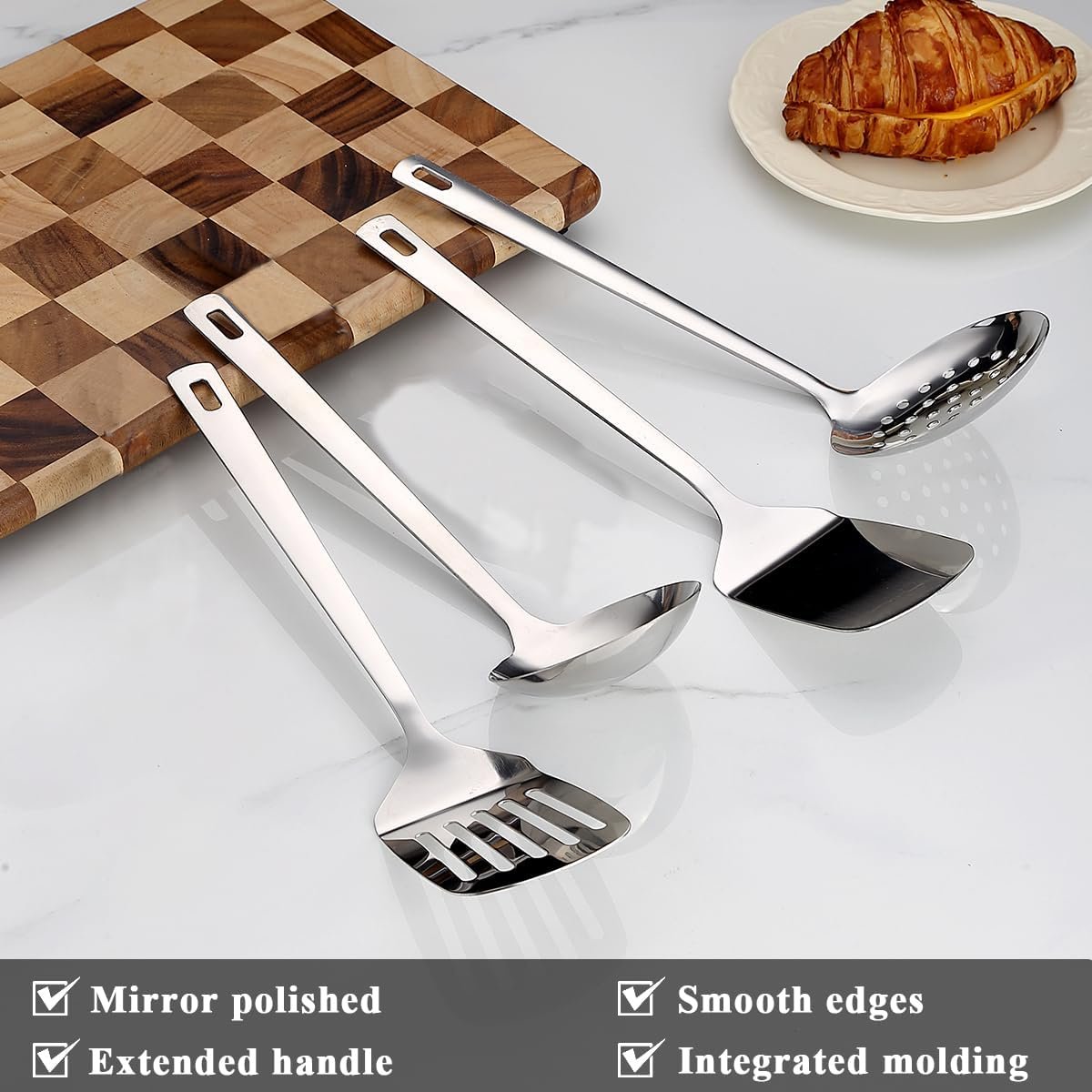 ReaNea Stainless Steel Kitchen Utensils Set 4 Pieces Includes Metal Spatula Set, Kitchen Skimmer, Soup Ladle, Kitchen Gadgets Essentials
