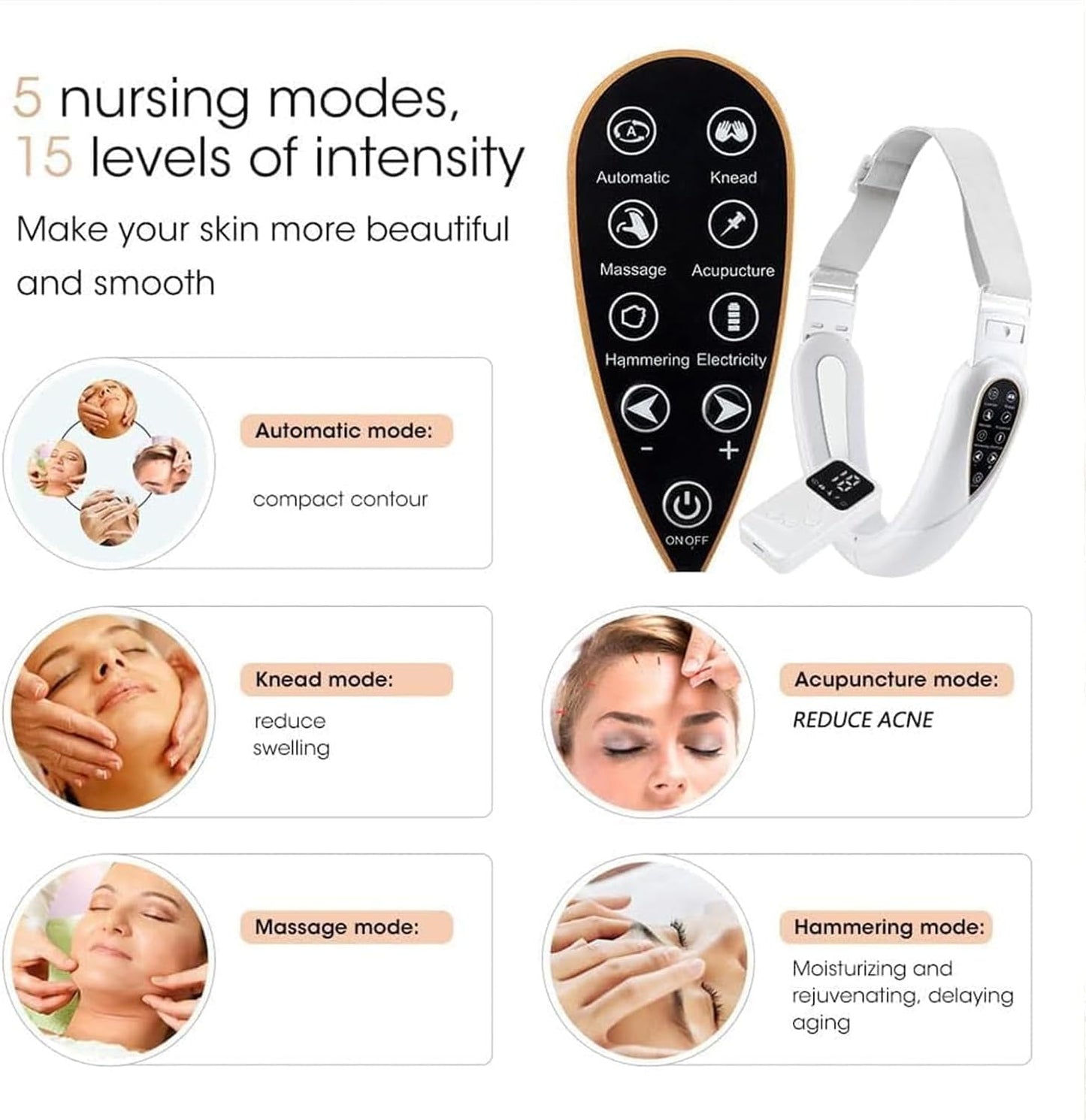 Contourflex 4-in-1 Massager, Reviona Facial Sculpting Device, With 5 Modes, 15 Adjustable Intensities, Tightens Jawline, Tightens Jawline, Reduces Sagging Skin (Pink)