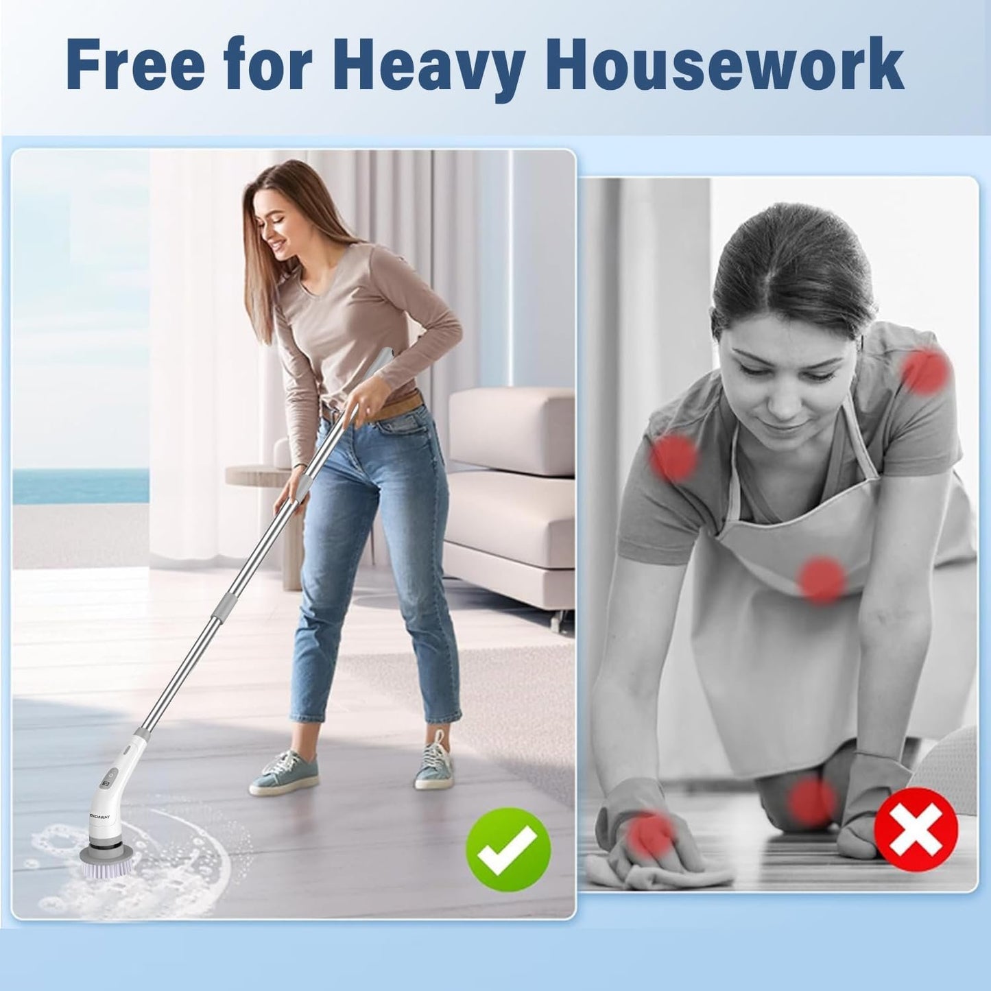 LENDAWAY 9-in-1 Multi-Purpose Electric Spin Scrubber,2 Speeds,Long Handle,Replaceable Brush Heads,for Cleaning Floors, Windows, Bathtubs, Grout, Tiles, Sink, Car (Greywhite)