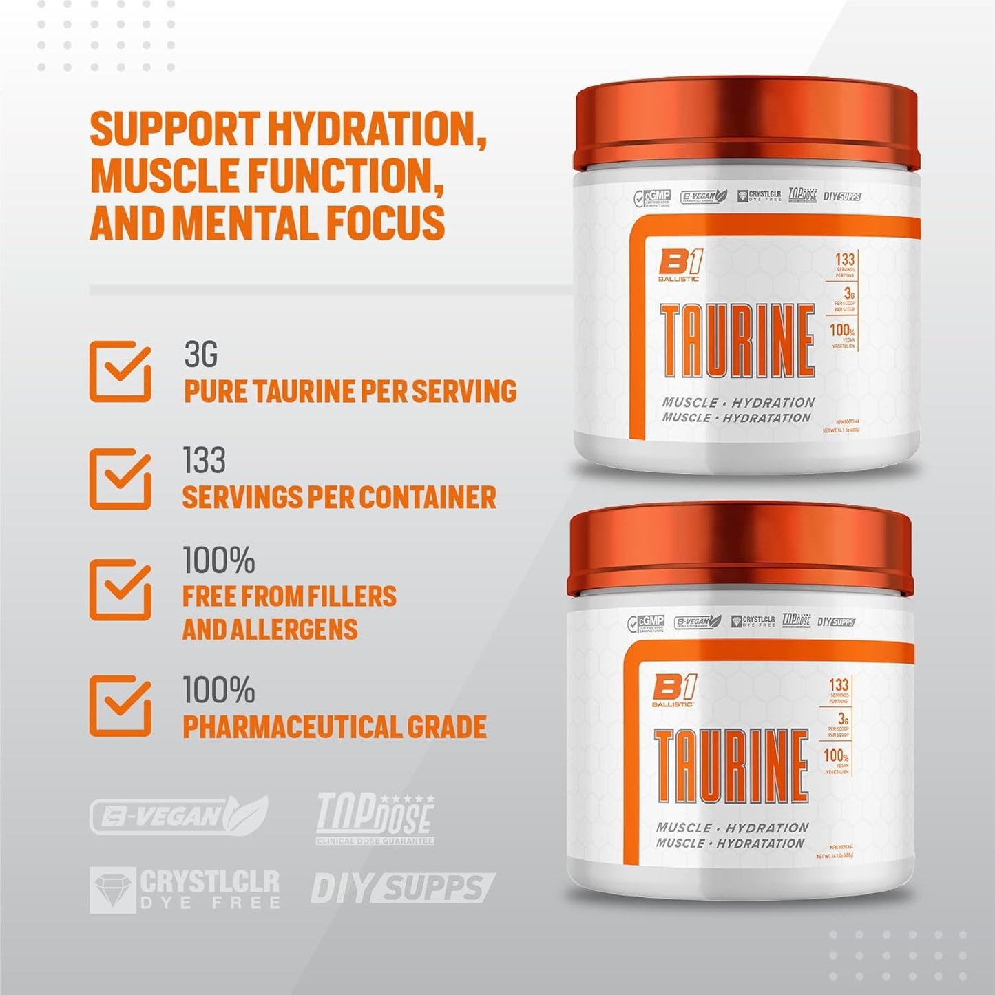 Ballistic Taurine Powder | 3g Pure Taurine Amino Acid Supplement | Electrolyte Support, Hydration, Metabolism Management, Heart Health | Vegan, 133 Servings, 400G (Unflavoured)