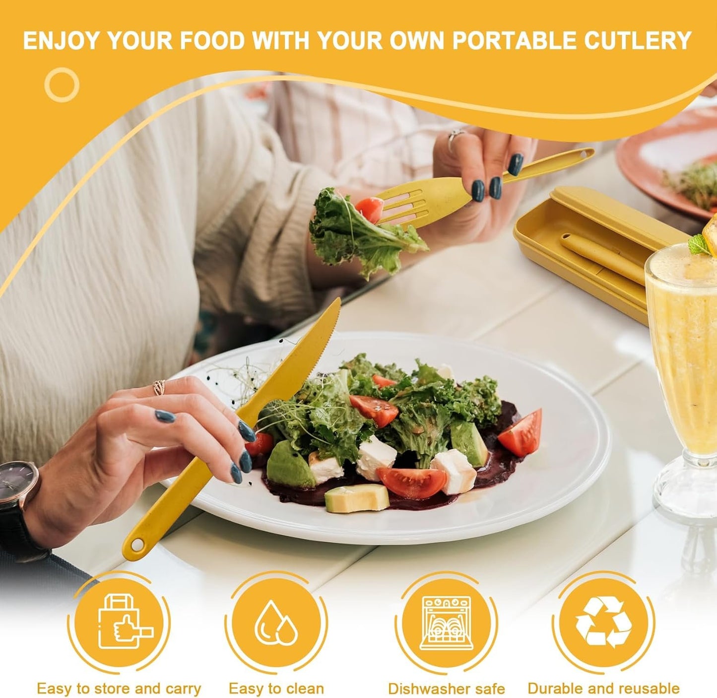 Large Travel Cutlery Set with Case, Portable Camping Utensils Reusable Plastic Knife Spoon and Fork Set, 3 Sets Travel Utensil Set for Lunch Box, Work, Picnic (Orange, Yellow, Dark Green)