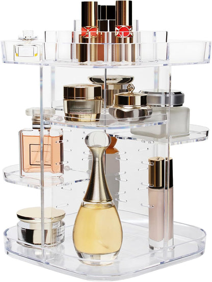 AMEITECH 360-Degree Makeup Organizer, DIY Adjustable Rotating Cosmetic Storage Carousel Spinning Holder Storage Rack with 5 Layers Large Capacity, Best for Countertop, Square