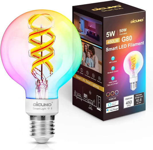 DiCUNO G25 Smart Edison Bulb, Dimmable RGB Color-Changing Vintage LED Globe, WiFi & Bluetooth, Works with Alexa & Google Assistant, E26 Base, 50W Equivalent, Pack of 1